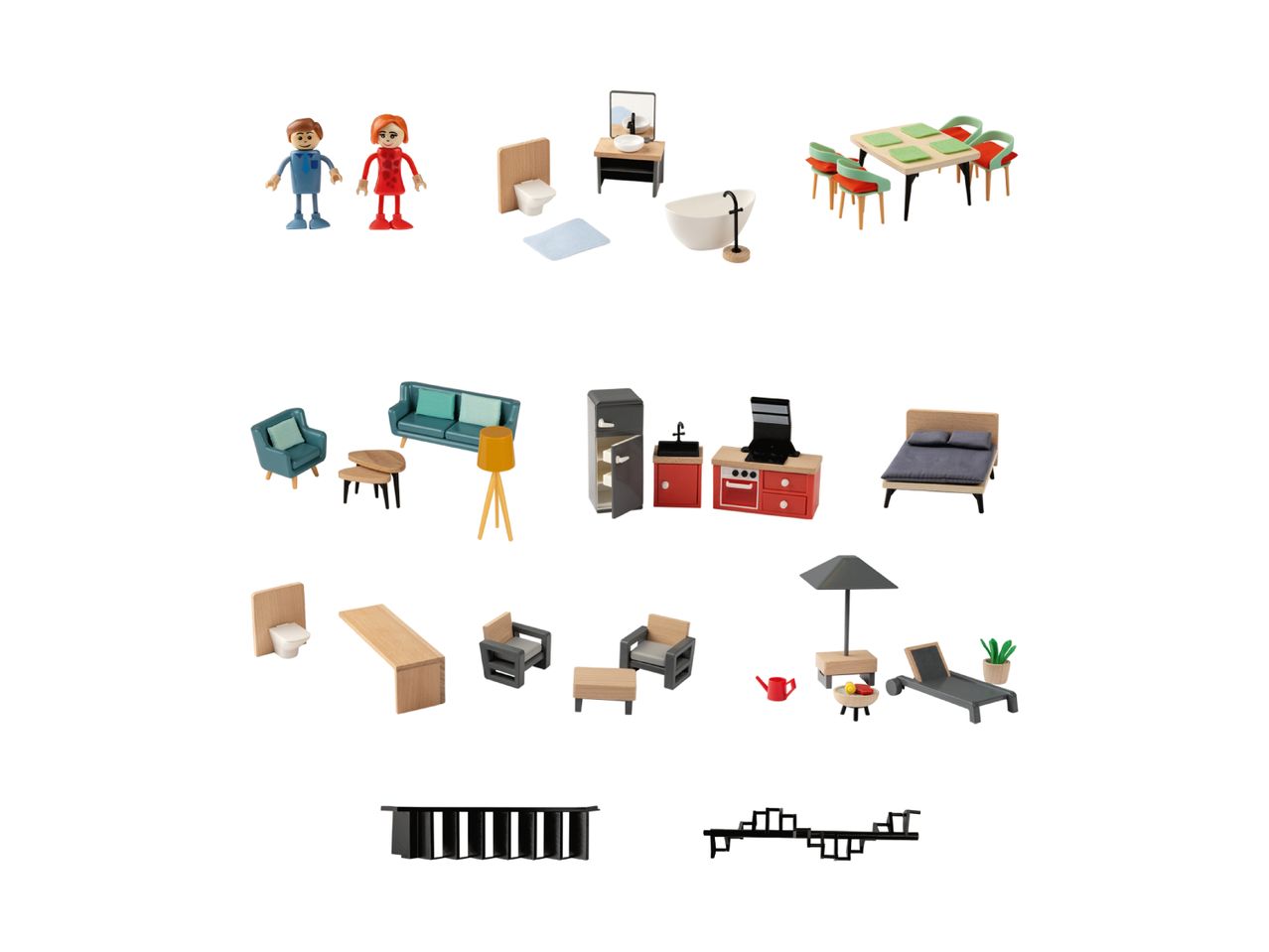 A collection of miniature dollhouse furniture and figures, including living room, bedroom, kitchen, and bathroom sets.