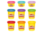 Deviņas Play-Doh kārbas dažādās krāsās, tostarp rozā, zilā, purpursarkanā, zaļā, sarkanā, oranžā un dzeltenā.