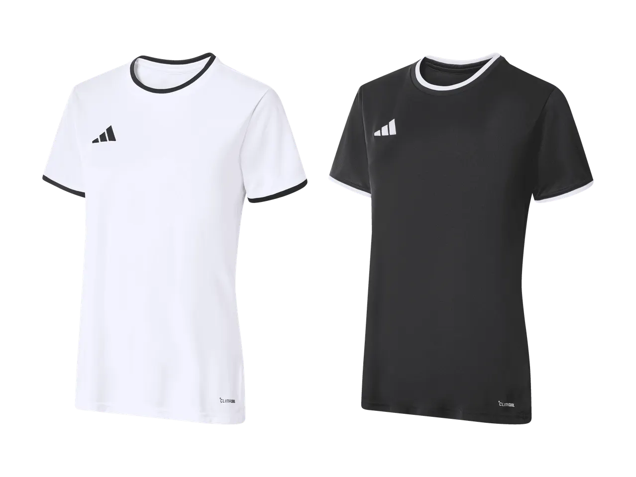 Zwei kurzärmelige Sport-T-Shirts, eines weiß mit schwarzen Rändern und eines schwarz mit weißen Rändern.