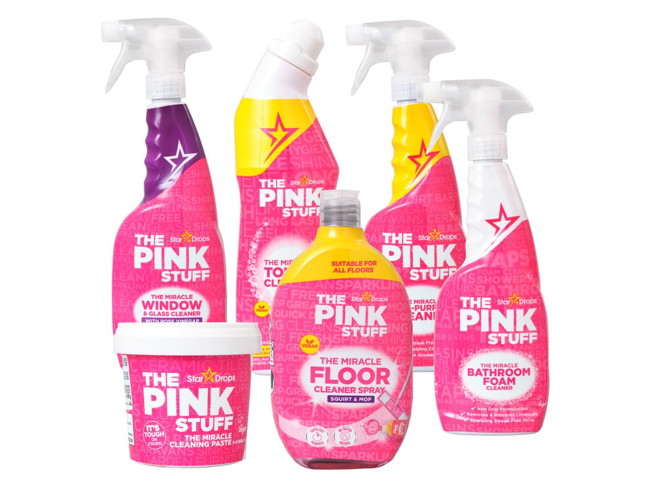 Star Drops The Pink Stuff puhastusvahendite komplekt: akna-, põranda- ja vannitoa pihustid ning puhastuspasta.