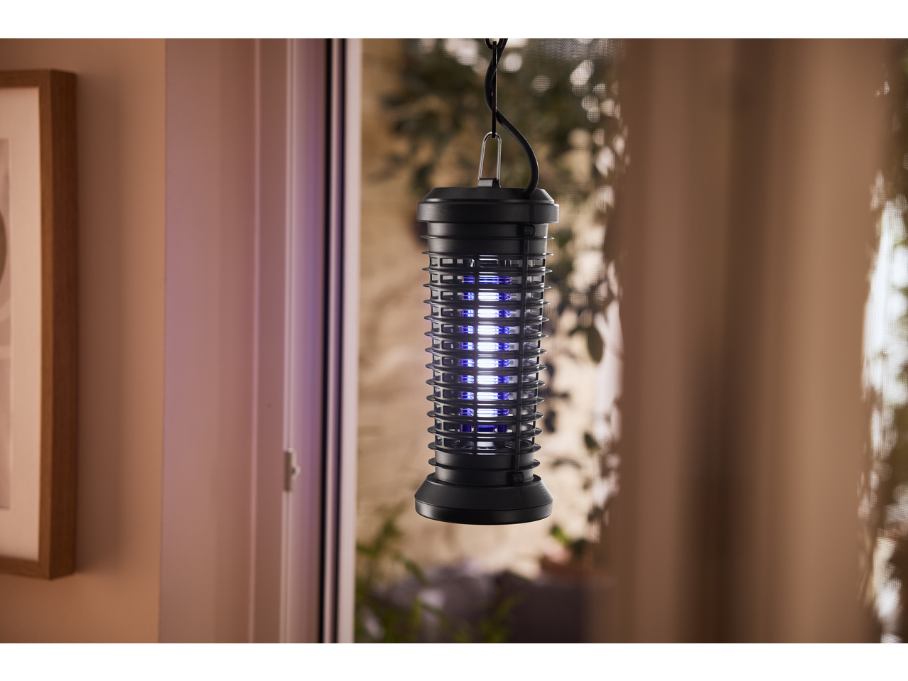 Exterminator electric de insecte LIVARNO agățat lângă o fereastră cu lumină albastră