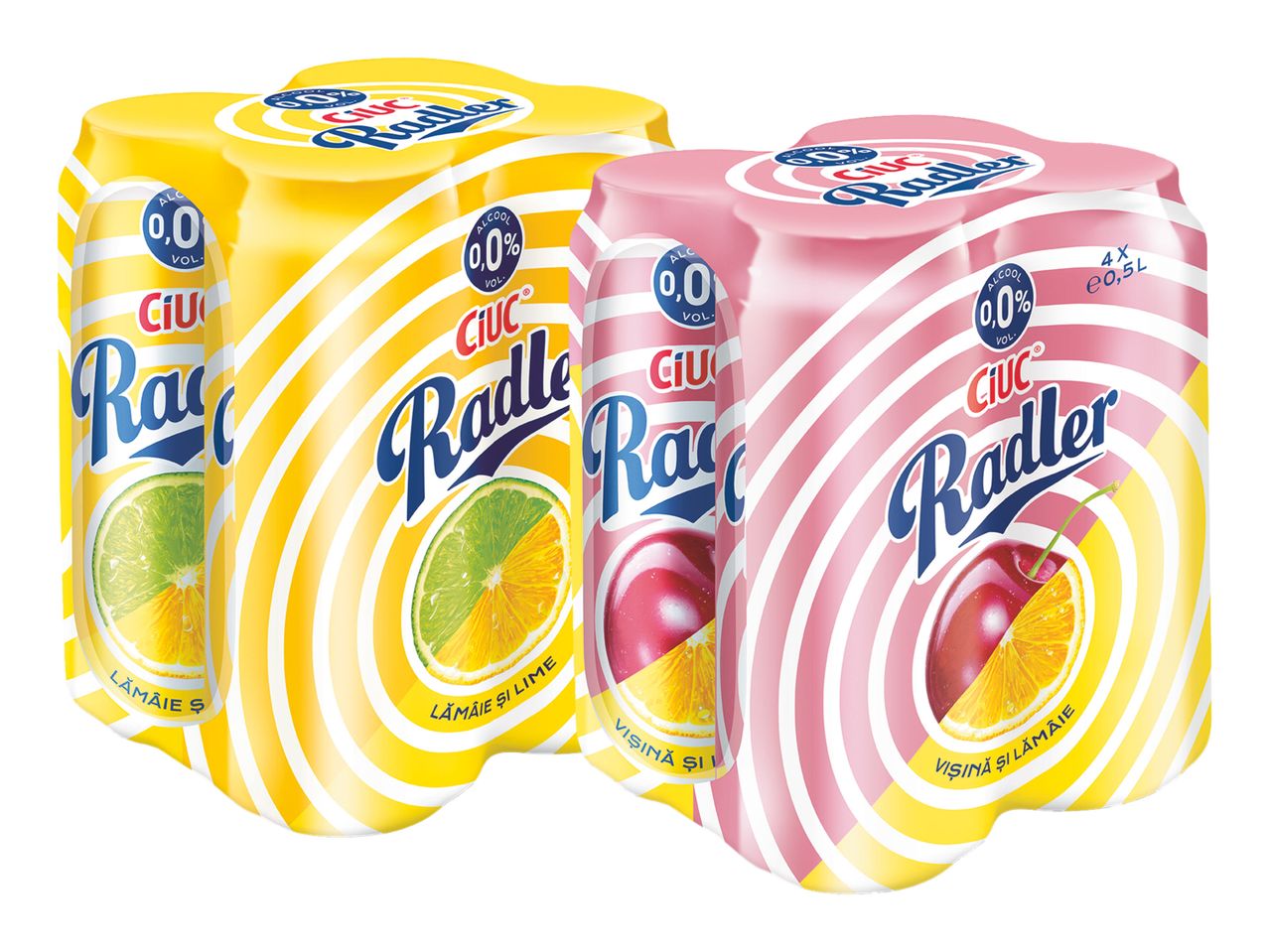Două pachete de patru doze de Ciuc Radler 0.0%, unul cu aromă de lămâie și lime, altul cu aromă de vișine și lămâie.