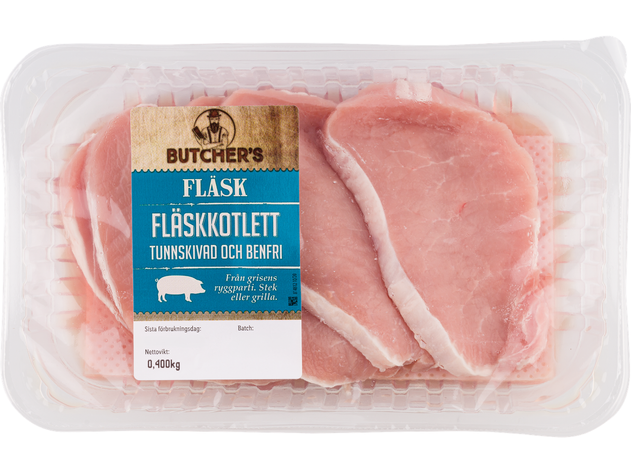 Butcher's fläskkotletter, tunna skivor, för stekning eller grillning.