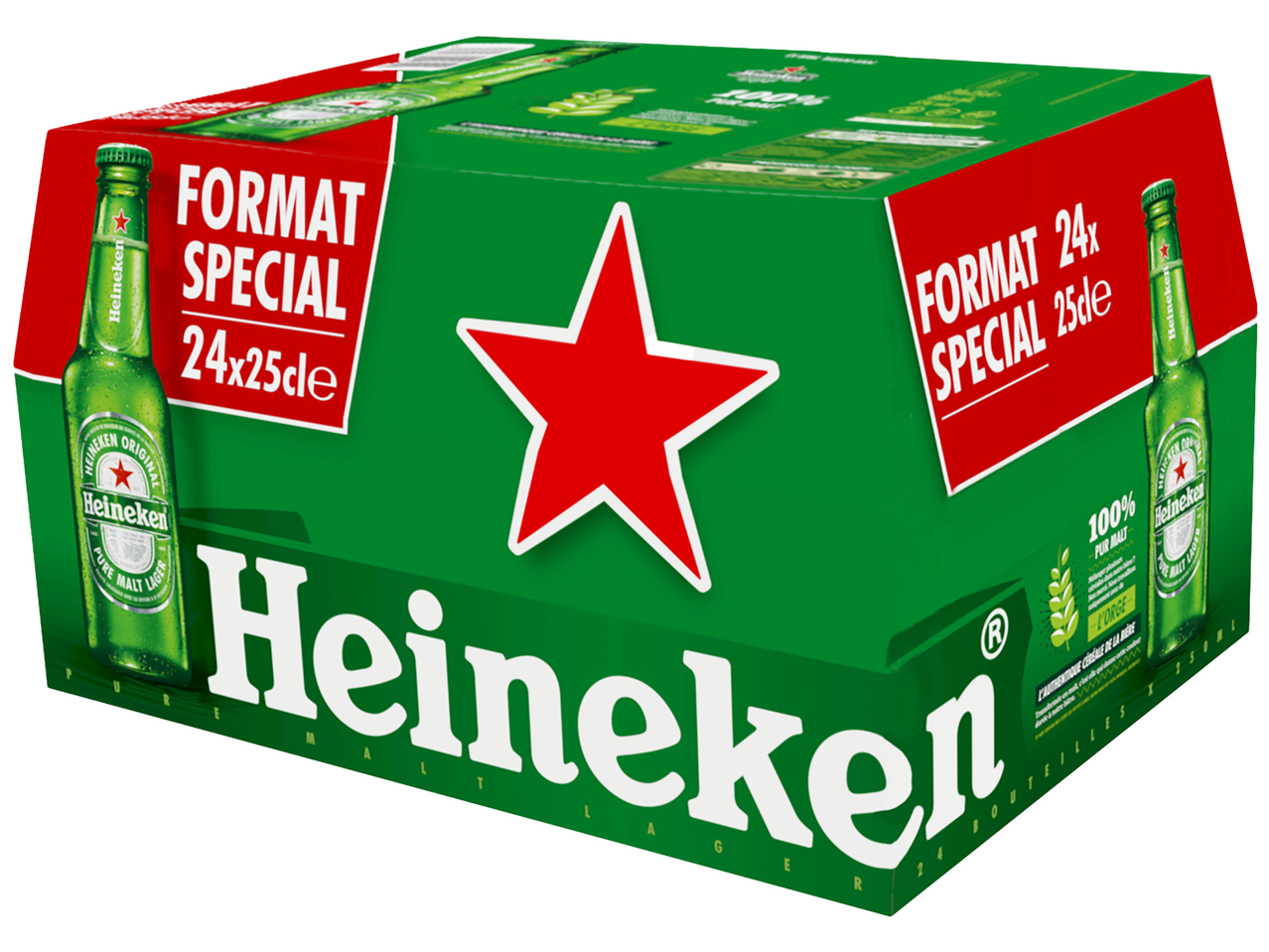 Un pack de 24 bouteilles de bière de 25cl, avec l'inscription 'FORMAT SPÉCIAL'.