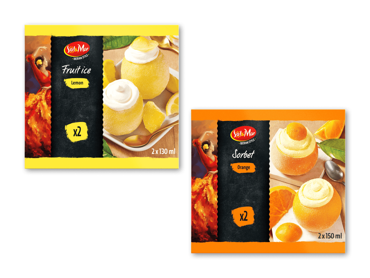 To pakker frugtis: citronfrugtis og appelsinsorbet, begge i iberisk stil.