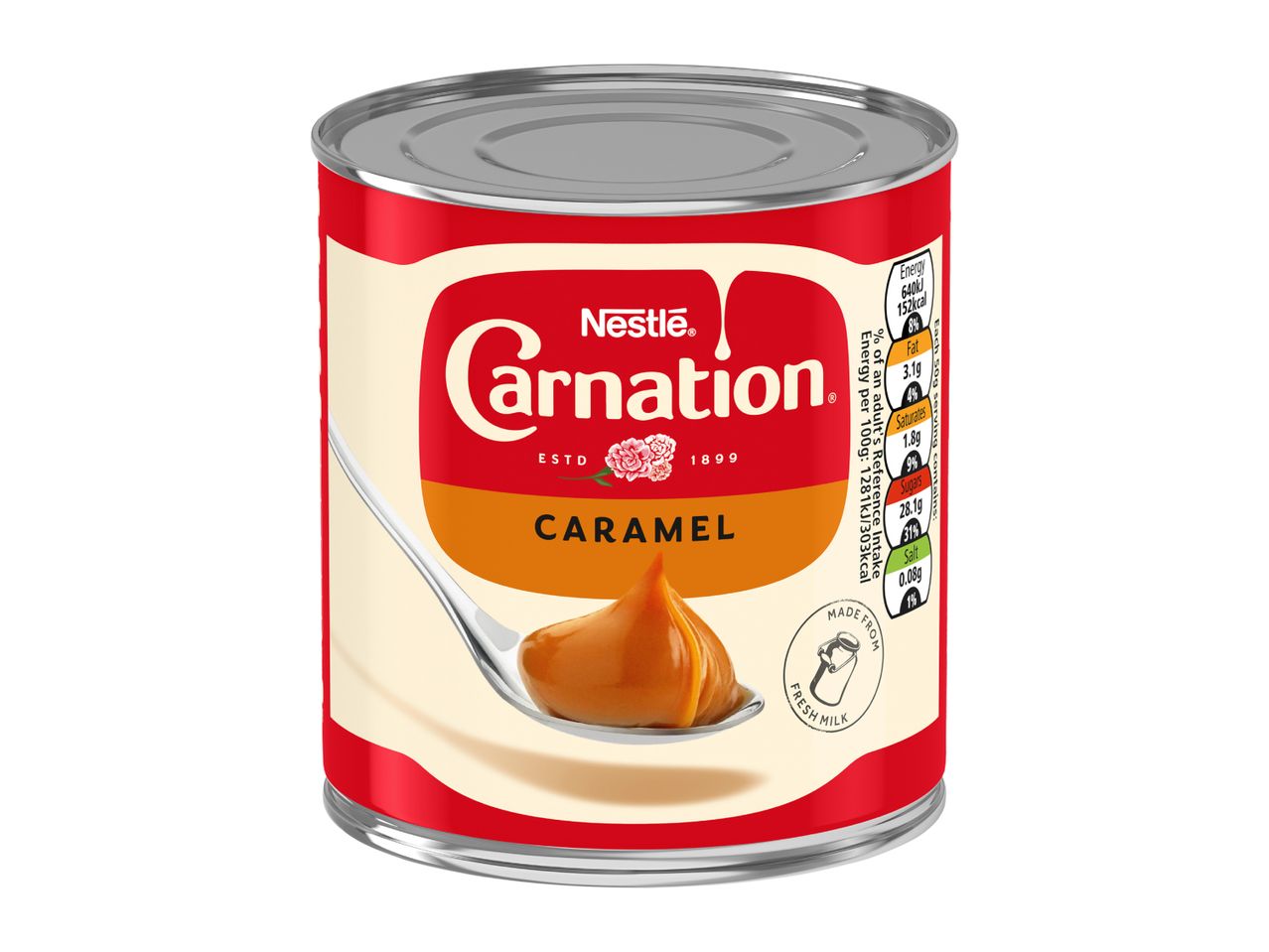 A can of Nestle Carnation Caramel with a spoon of caramel on the label.
