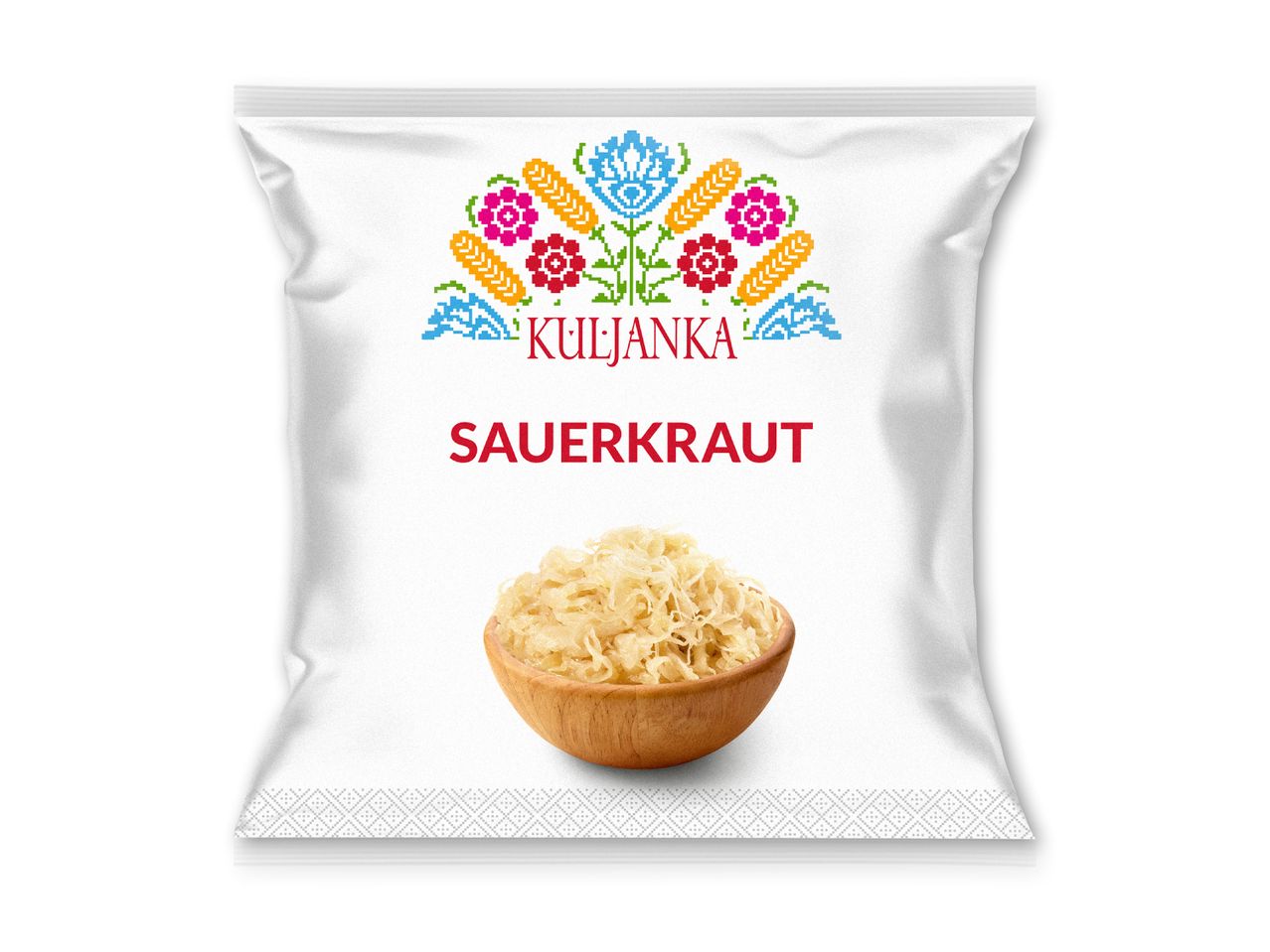 Hvid pose med sauerkraut i en træskål og farverigt, broderi-inspireret design.