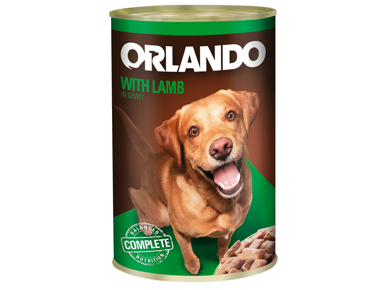 Консерва с храна за кучета с агнешко в сос, с щастливо куче и надпис „Балансирано пълноценно хранене“.