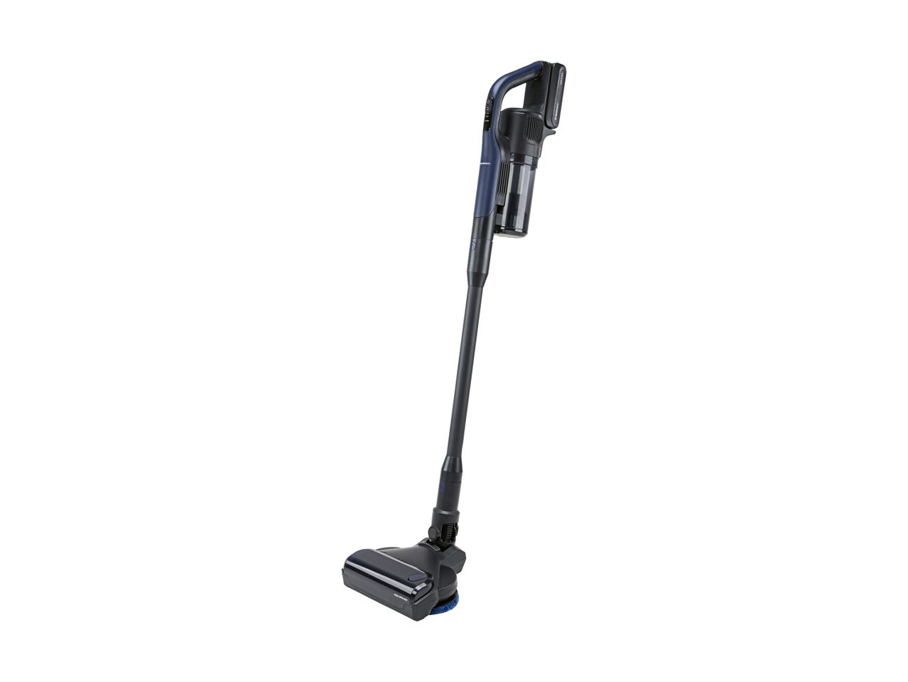 Dark blue cordless stick vacuum cleaner with a mop attachment