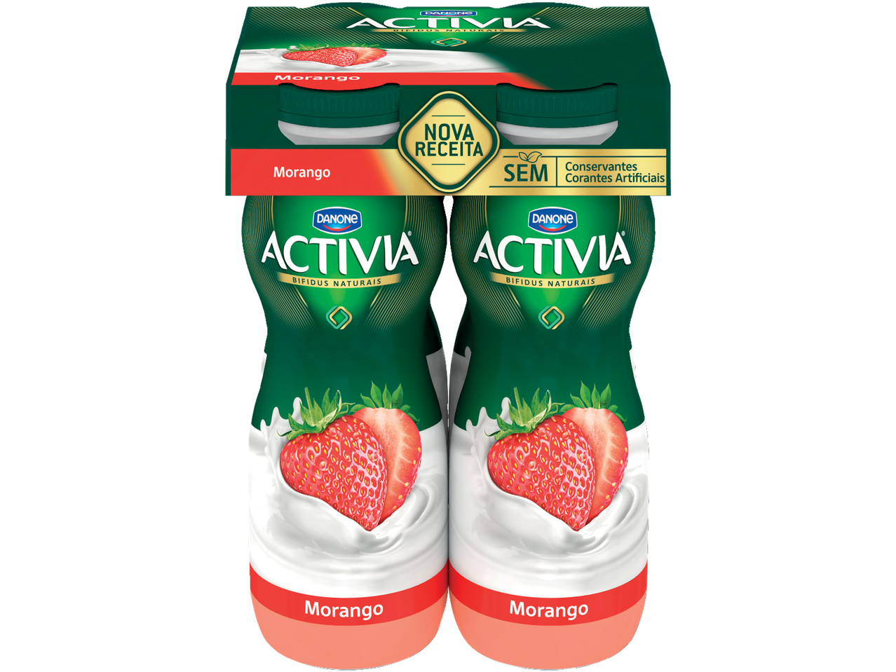 Embalagem de iogurte Activia de morango com nova receita, sem conservantes e corantes artificiais.