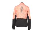 Back view of a women's running jacket in coral with black sleeves and lower panel