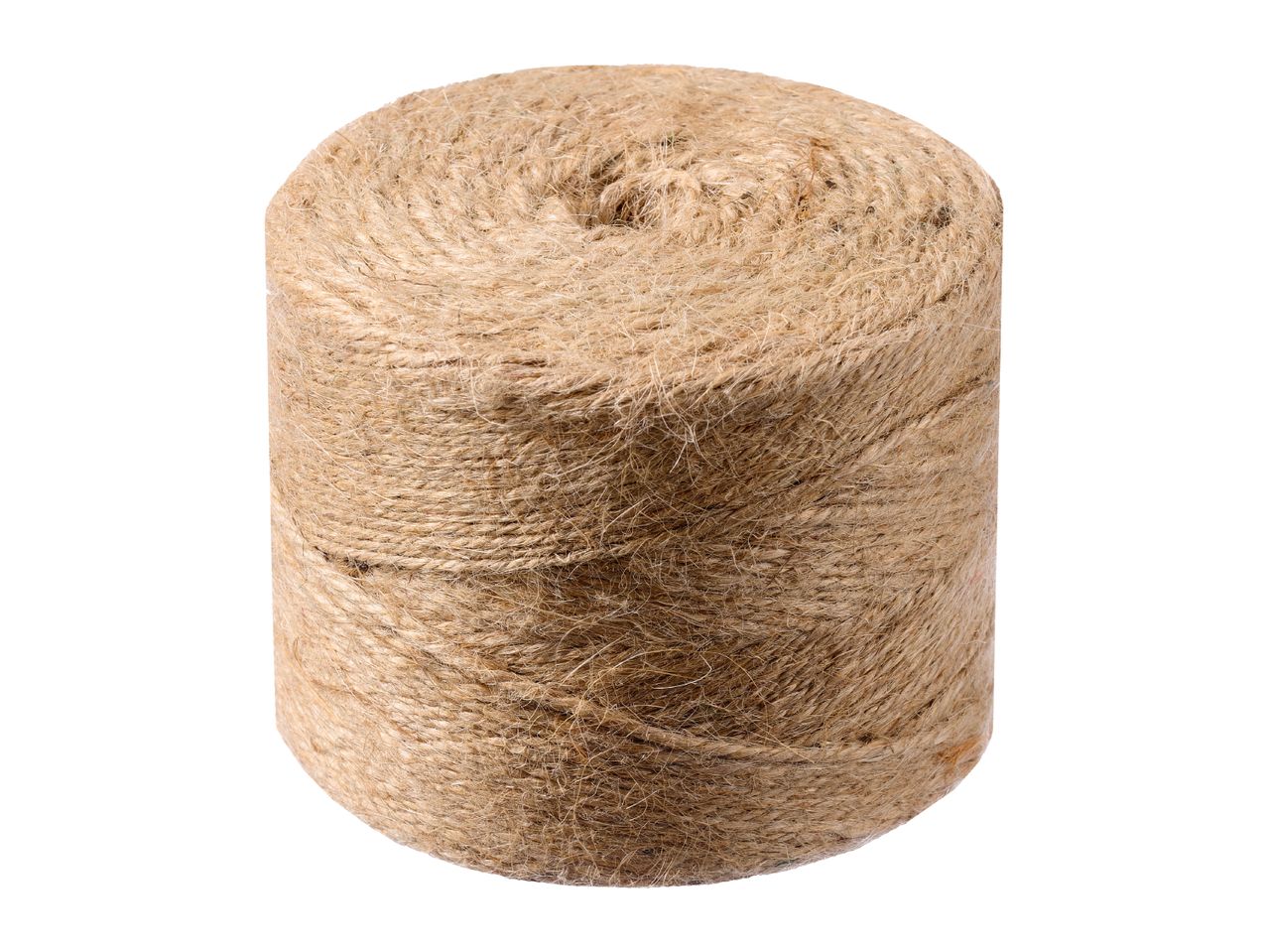 A roll of natural brown jute twine on a white background
