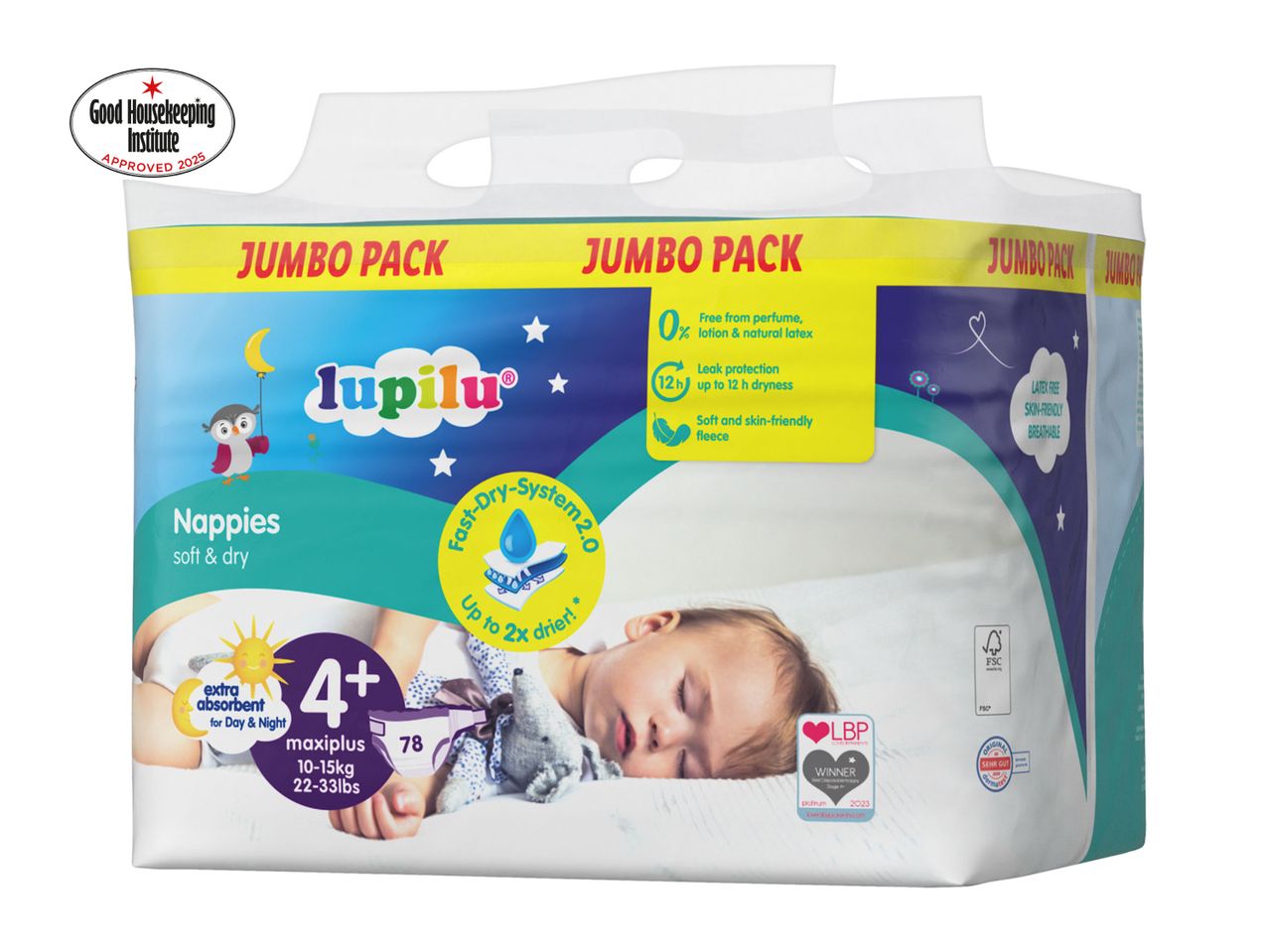 JumpUp baby diapers, size 4+, night-time protection, jumbo pack.