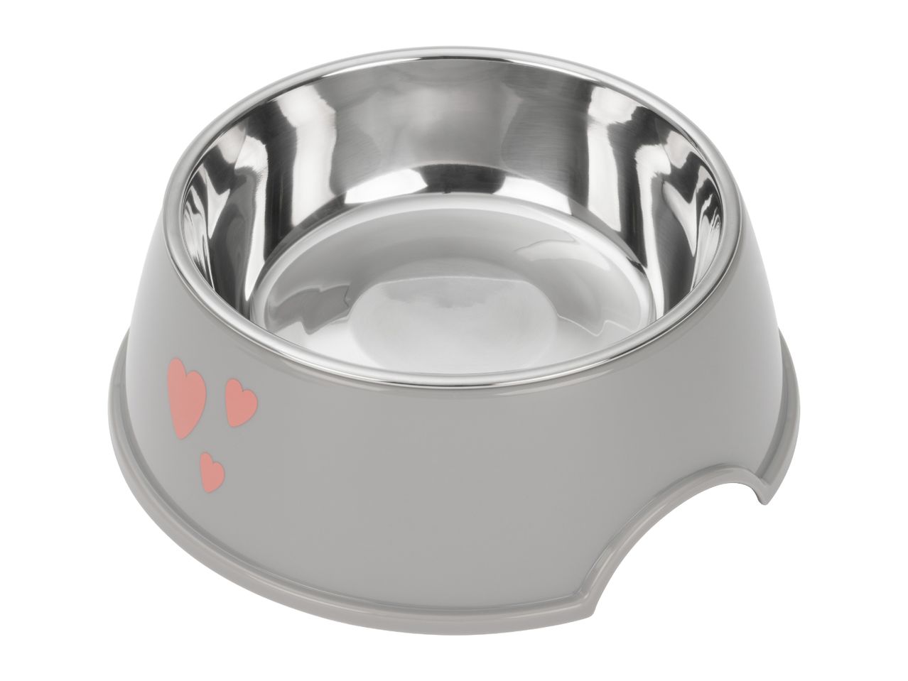 Grey pet bowl with stainless steel insert and pink heart details