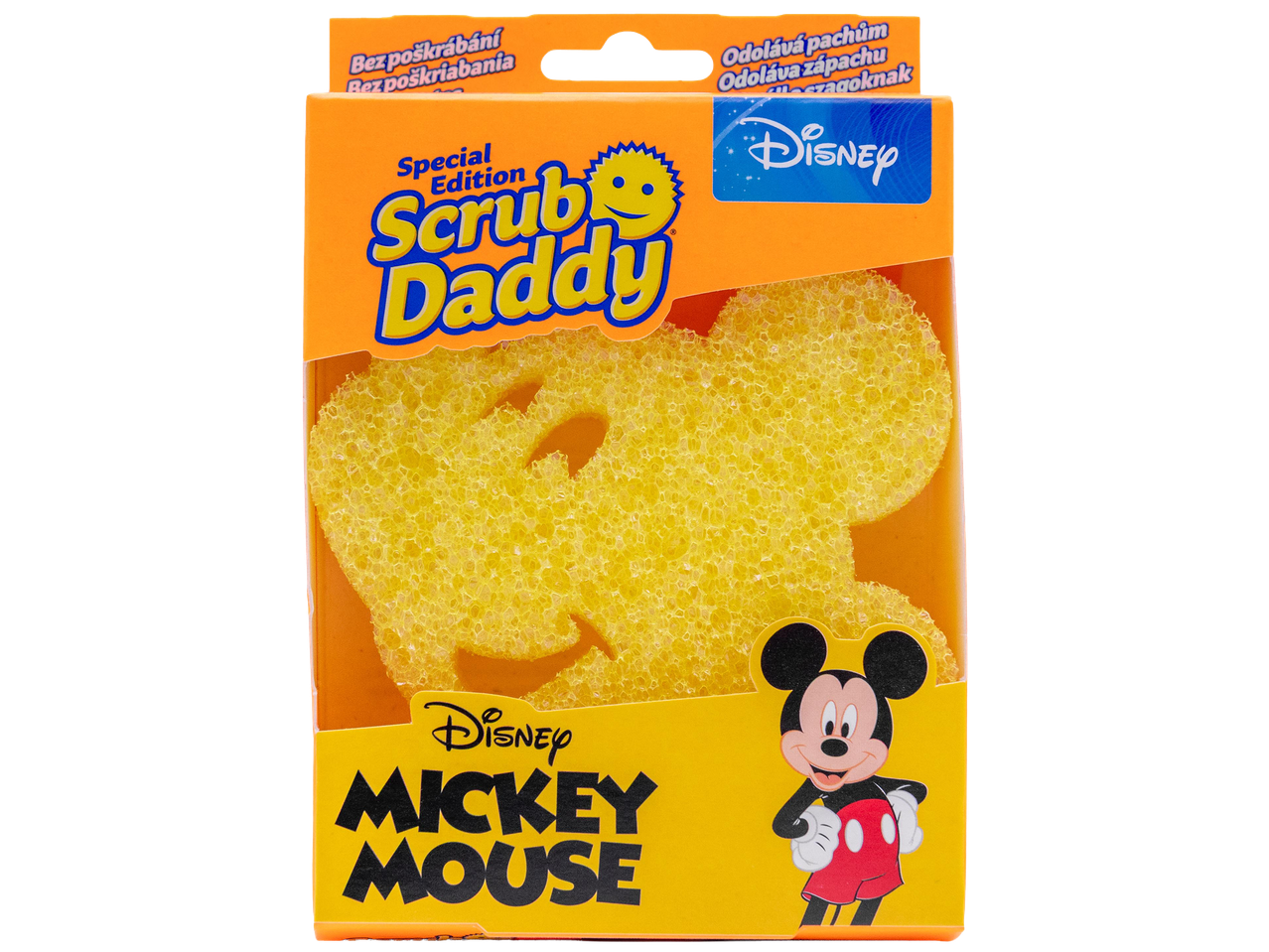 Sárga, Mickey egér alakú szivacs narancssárga csomagolásban, rajta a 'Special Edition Scrub Daddy' felirattal.