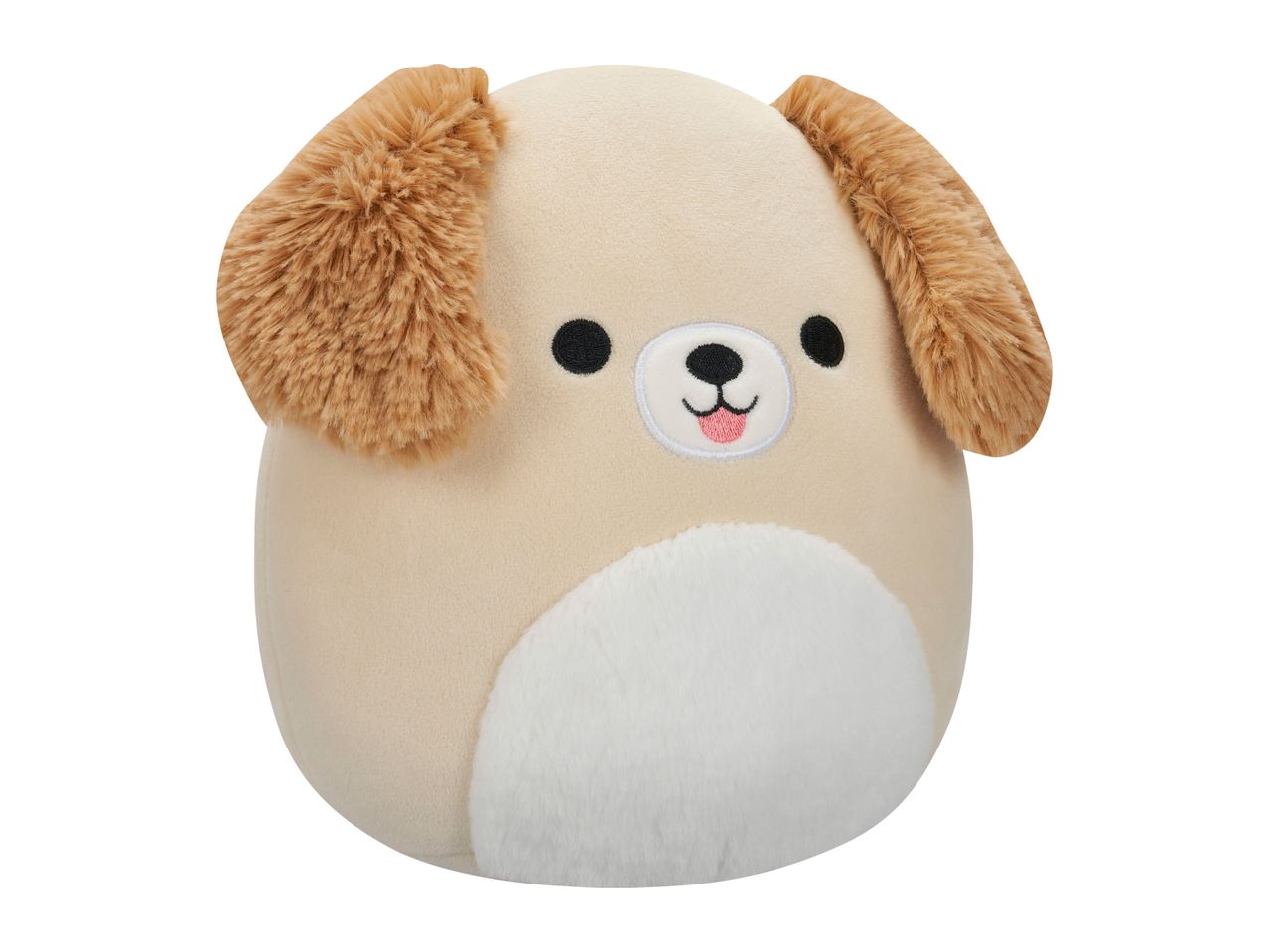 A beige dog plush toy with brown floppy ears, black eyes, and a pink tongue.