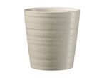 A light beige ceramic tumbler with a textured, swirling design.