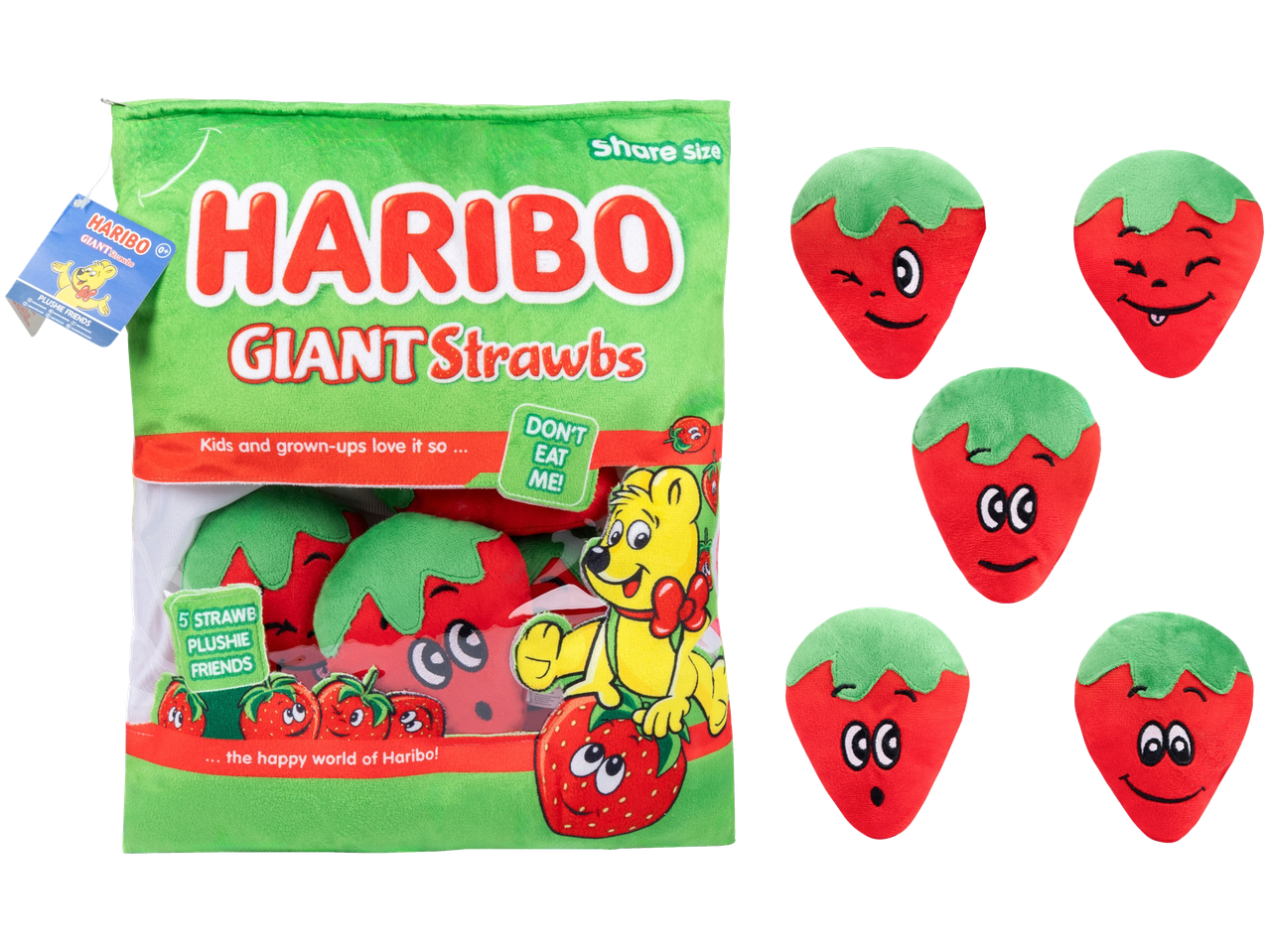 Pluchen zak met aardbeiengelei snoepjes en vijf pluchen aardbeien.