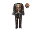 Scarecrow Halloween costume with a full-body jumpsuit and a pumpkin mask.