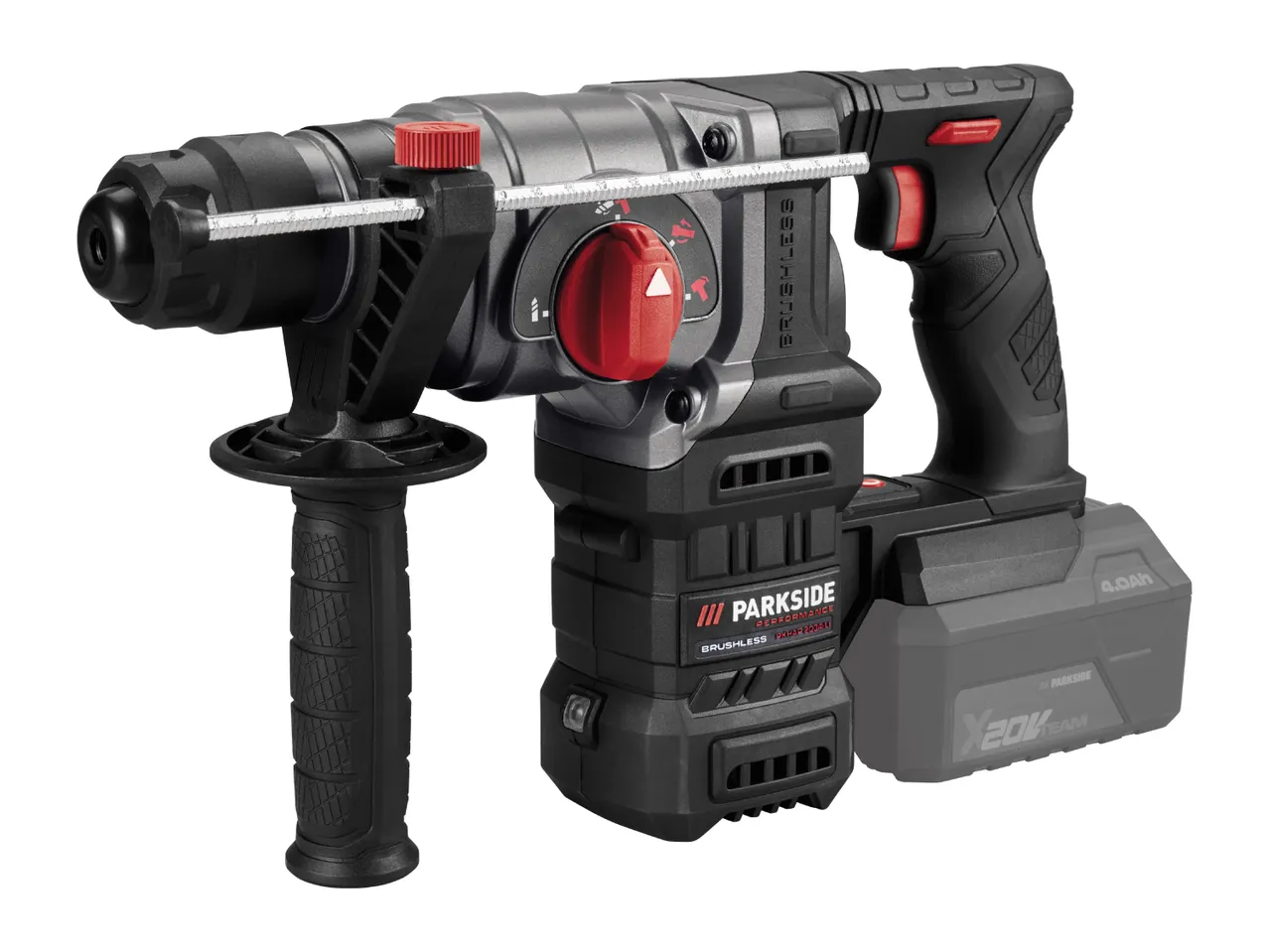 Cordless rotary hammer drill with battery and depth stop