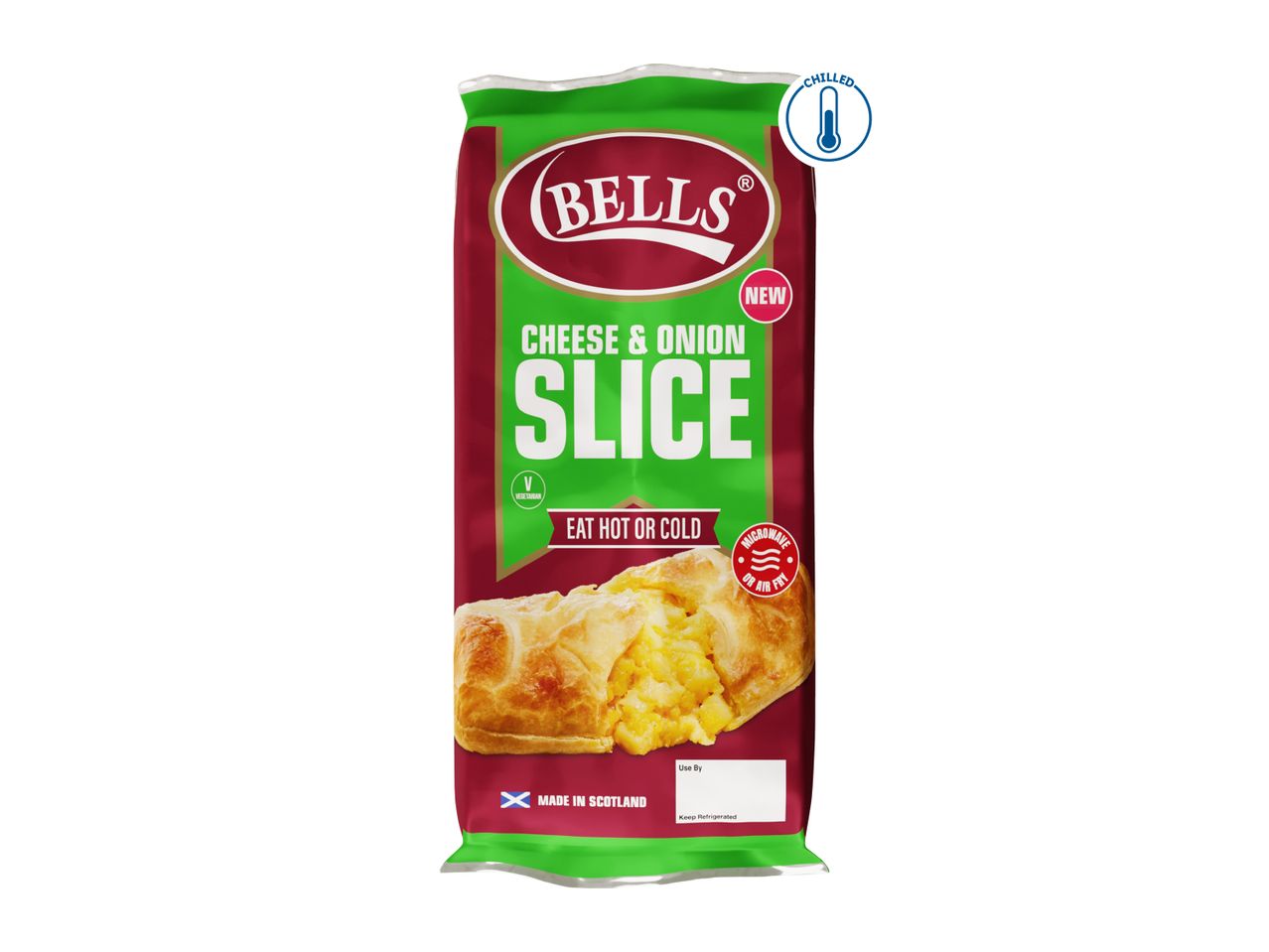 Chilled cheese and onion slice, vegetarian, can be eaten hot or cold, made in Scotland.