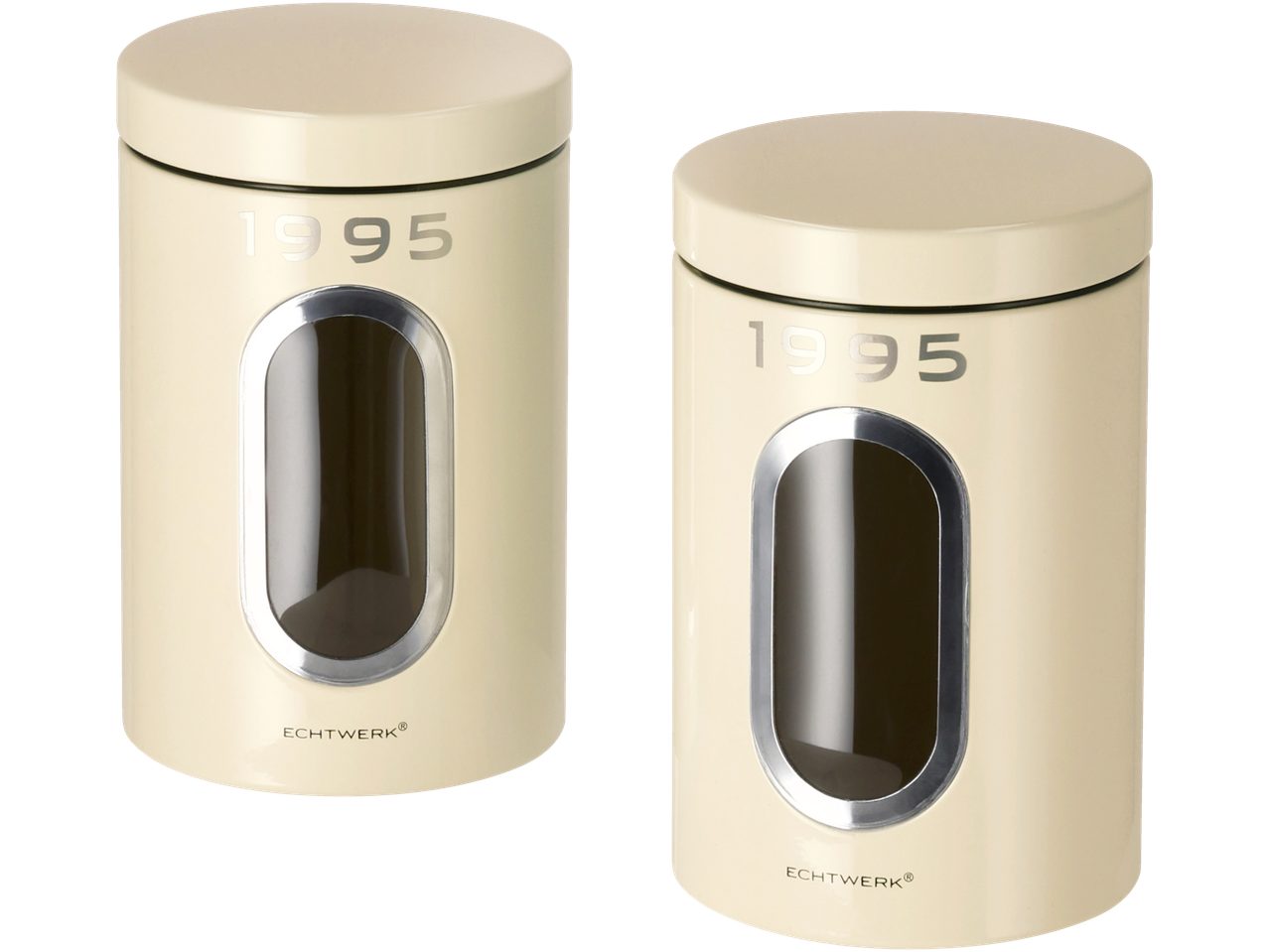 Du kreminės spalvos laikymo konteineriai su užrašais '1995' ir 'Echtwerk'.