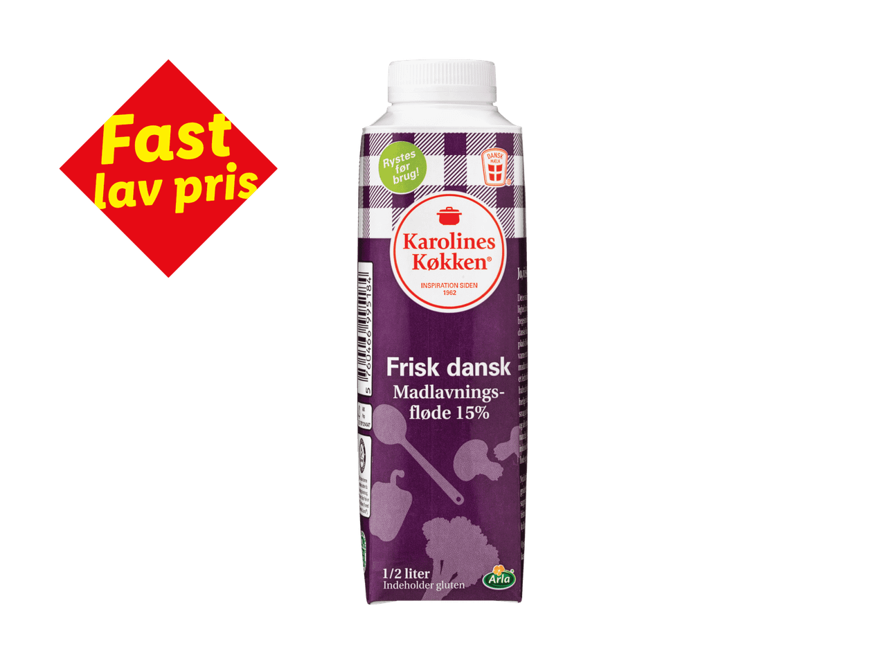 En karton madlavningsfløde med teksten 'Fast lav pris' i et rødt skilt.