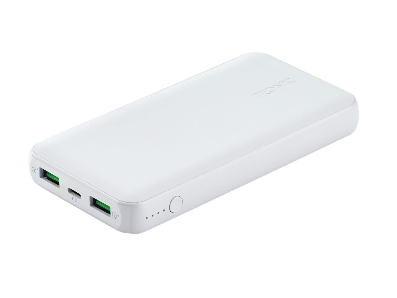 White power bank with multiple USB ports and a power button, angled view.