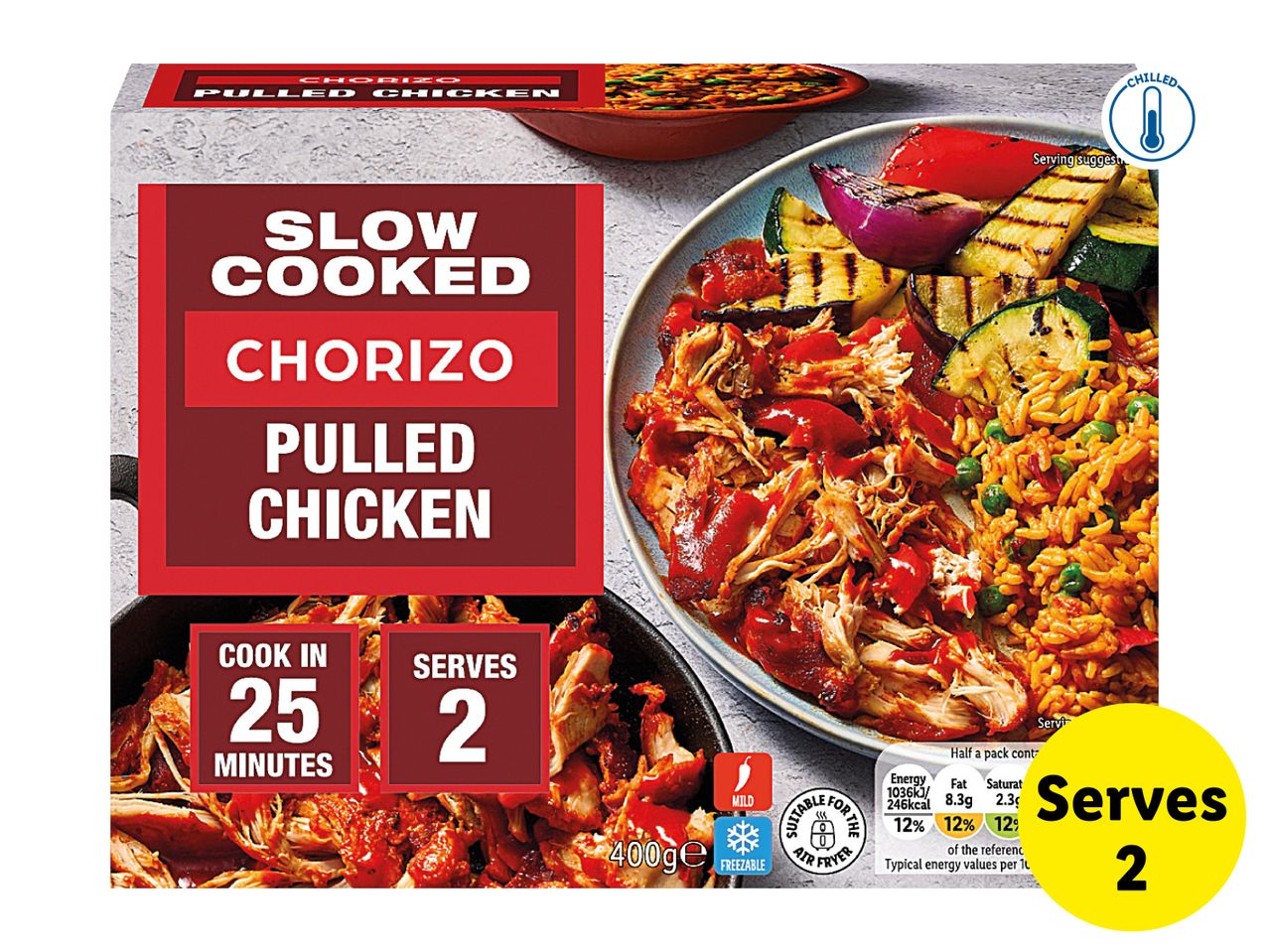 Packaging for slow-cooked chorizo pulled chicken, serving 2, with a serving suggestion of rice and grilled vegetables.