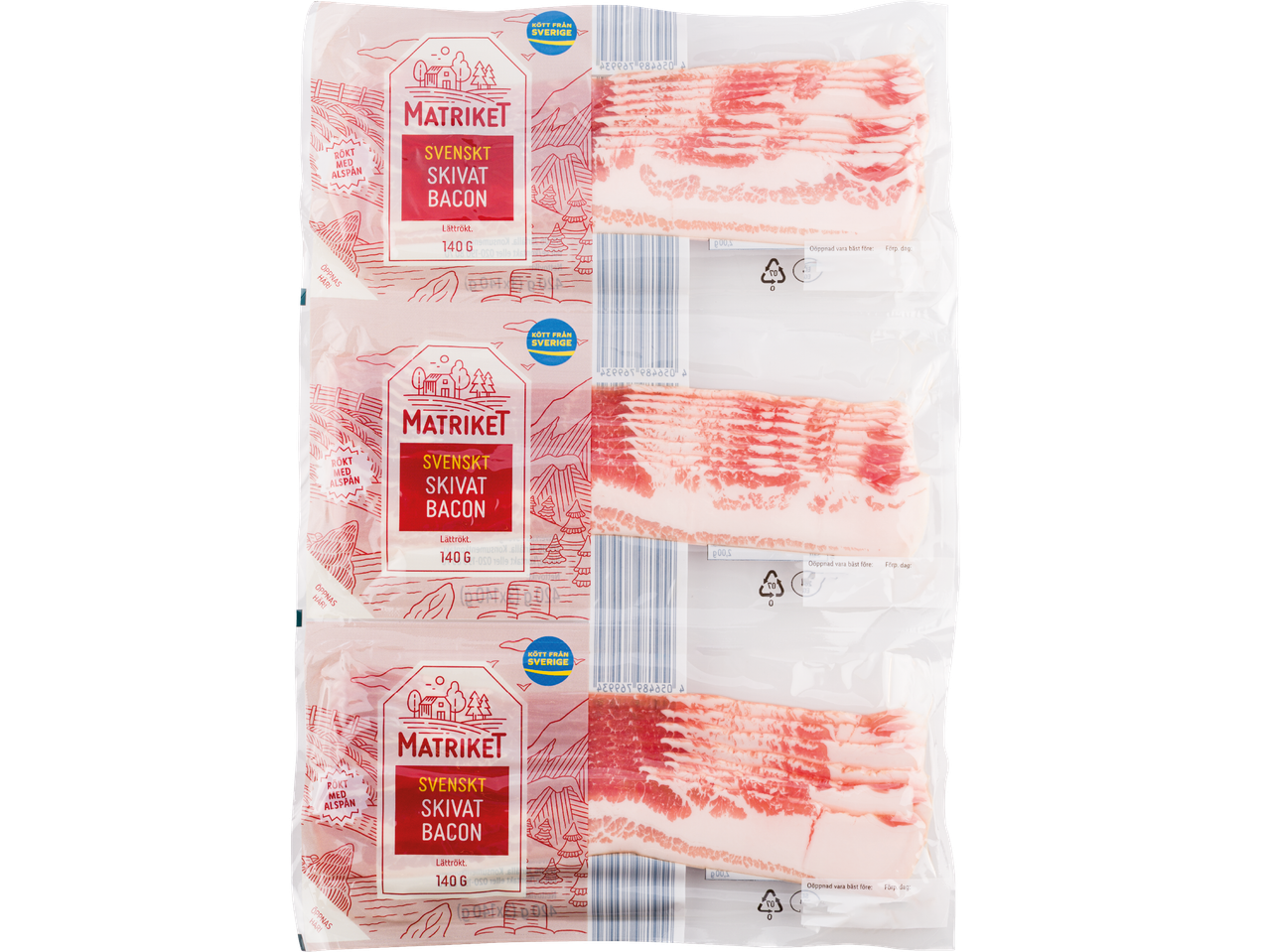 Tre paket Matrikets svenska skivat bacon, lätt-rökt, 140g.