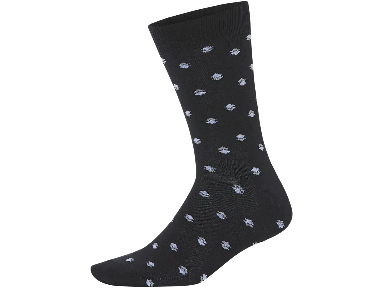 Black socks with a light blue pattern.