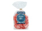 Zakje met roze perensnoepjes, met een label waarop 'Peren Mix' en 'De smaak van vroeger' staat.