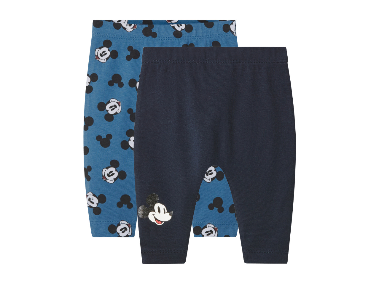 Два чифта бебешки клинове, единият син с щампи на Мики Маус, другият тъмносин с голяма щампа на Мики Маус.