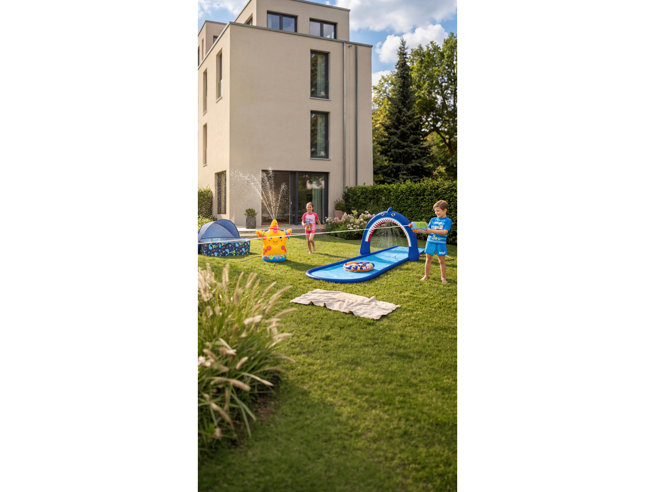 Kids playing with a Lupilu water slide, paddling pool, and sprinkler in a garden.