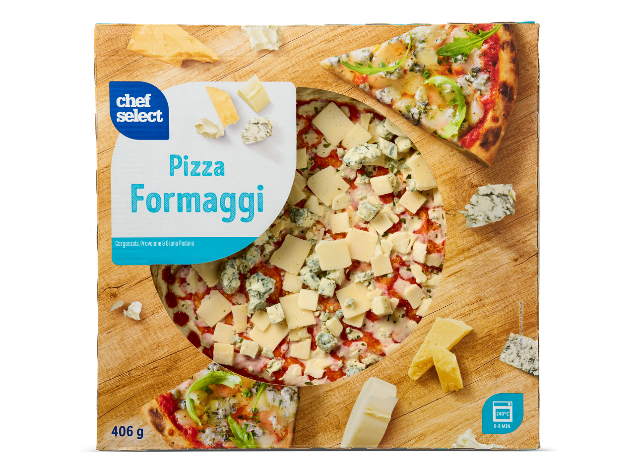 Verpakking van een diepvriespizza met vier kazen, inclusief Gorgonzola, Provolone en Grana Padano.