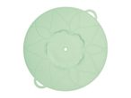A light green, round silicone lid with two handles.