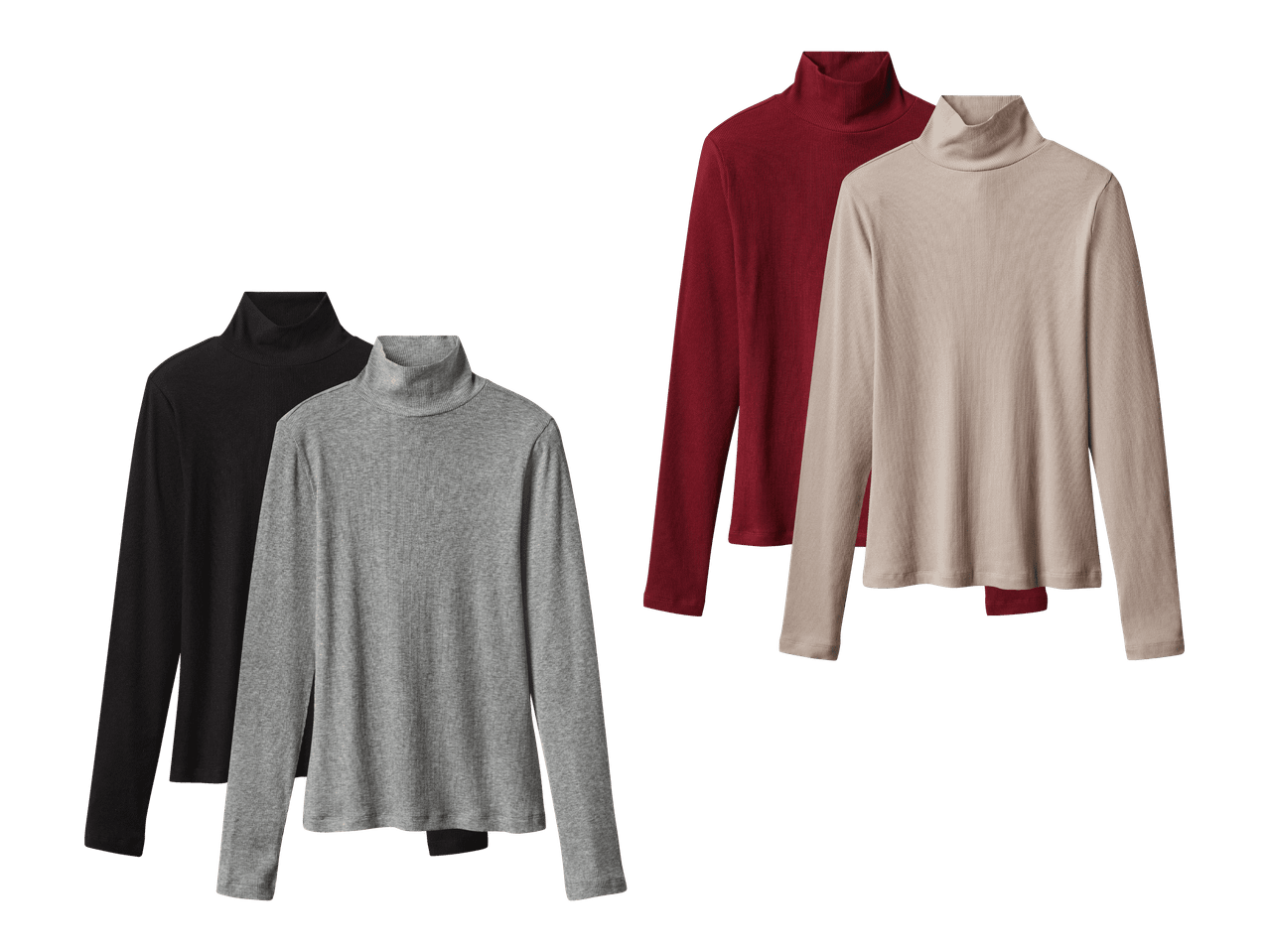 Neljä ribbineulottua poolopaitaa: musta, harmaa, viininpunainen ja beige.