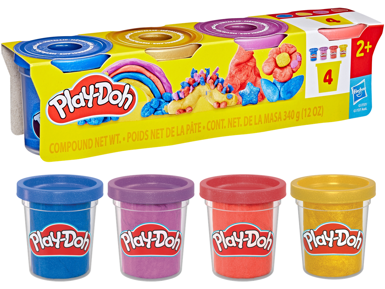 Set van 4 metallic boetseerkleuren in potjes, met regenboog en eenhoorn.