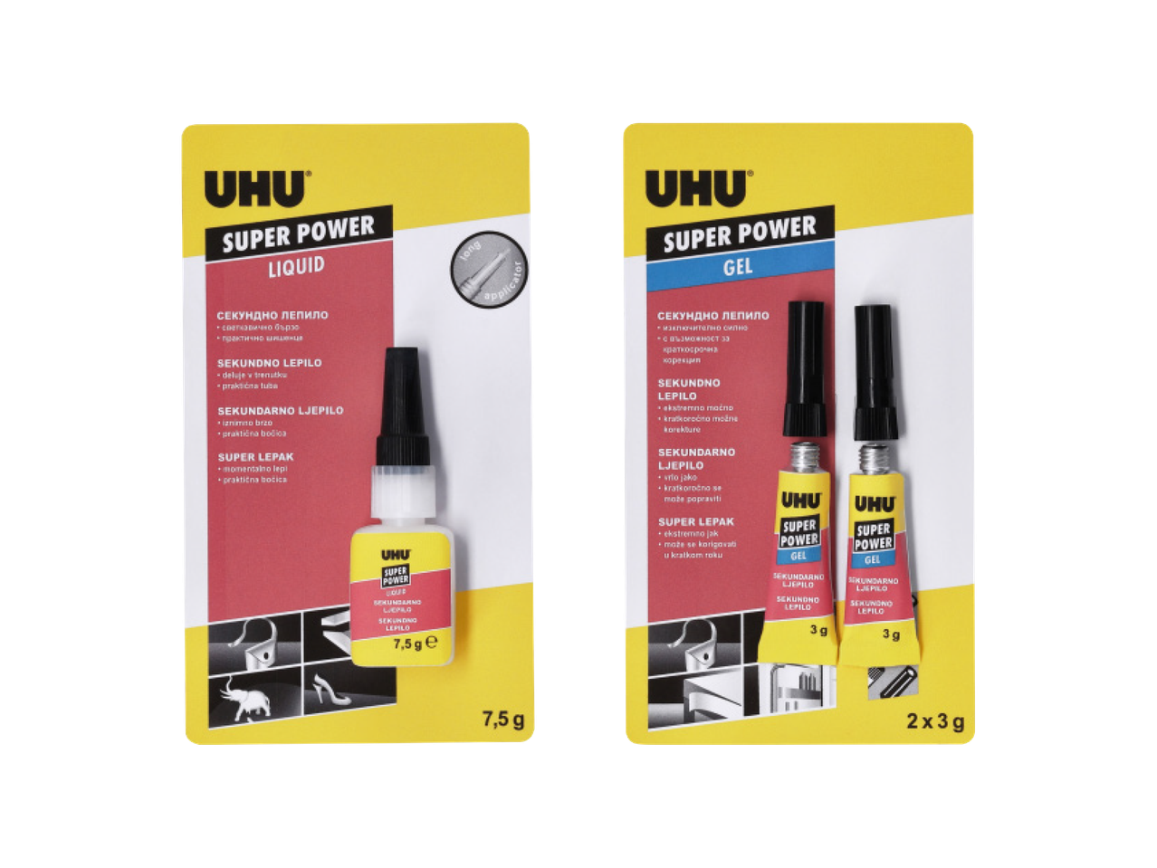 UHU Super Power Liquid i Gel ljepila u pakiranjima od 7,5 g i 2x3 g.