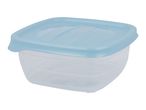 A small, square, clear plastic food container with a light blue lid.