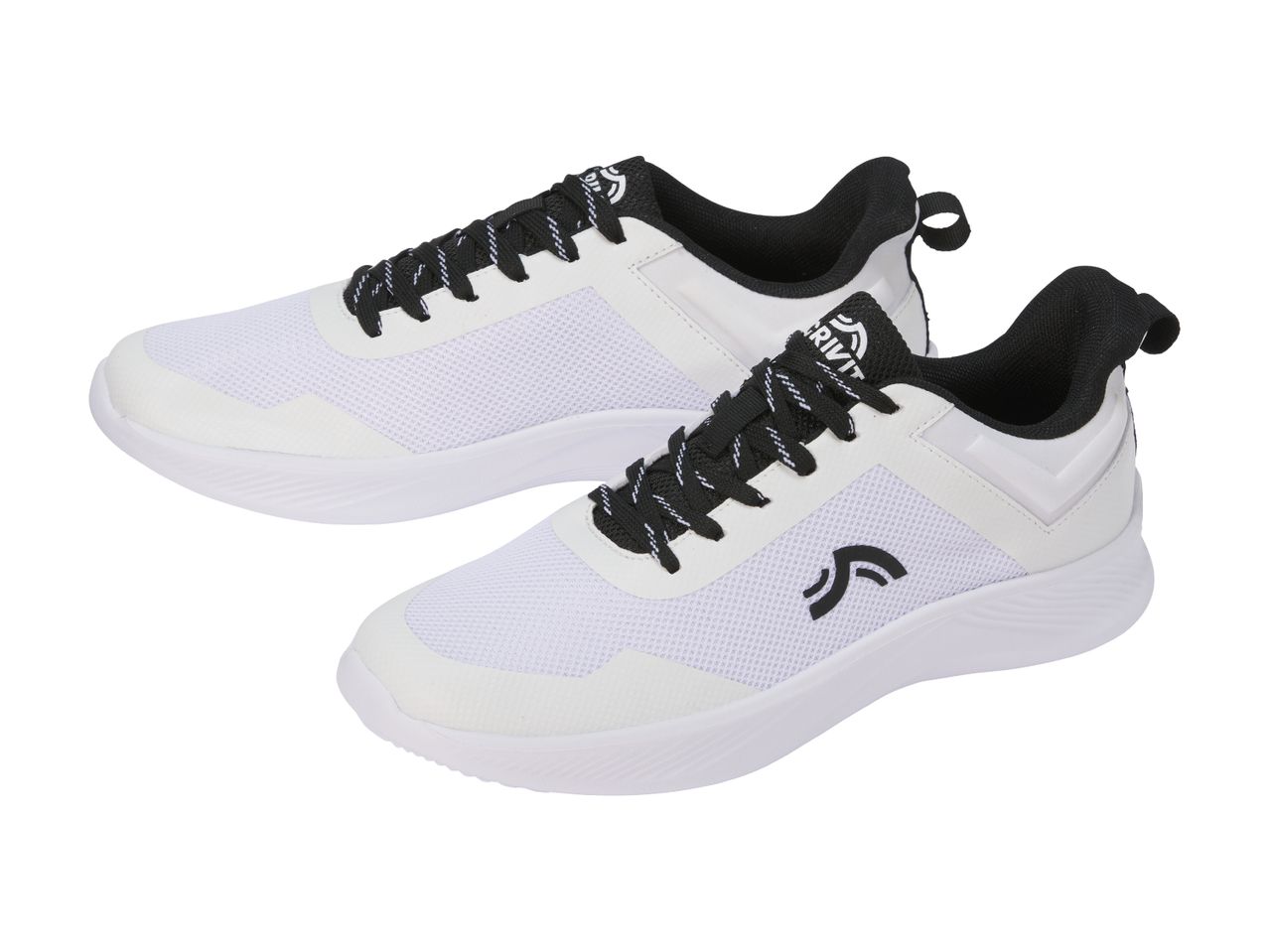 Pair of white and black athletic shoes with mesh uppers and black laces.