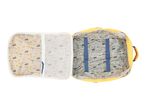 Open yellow suitcase with a nature-themed lining, featuring trees, mushrooms, and leaves, and blue elastic straps.