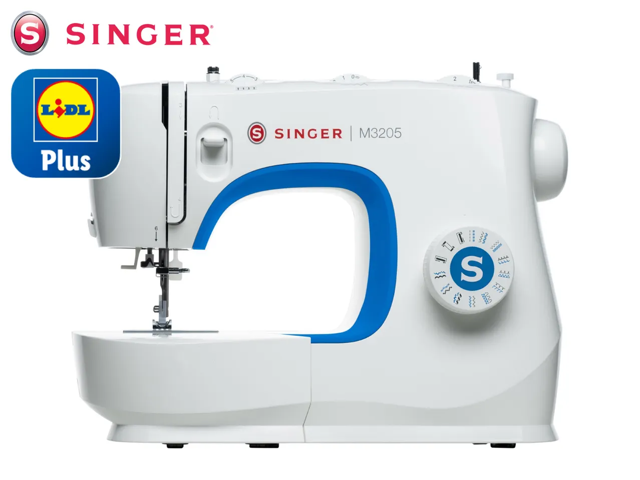 A white Singer sewing machine with blue accents.