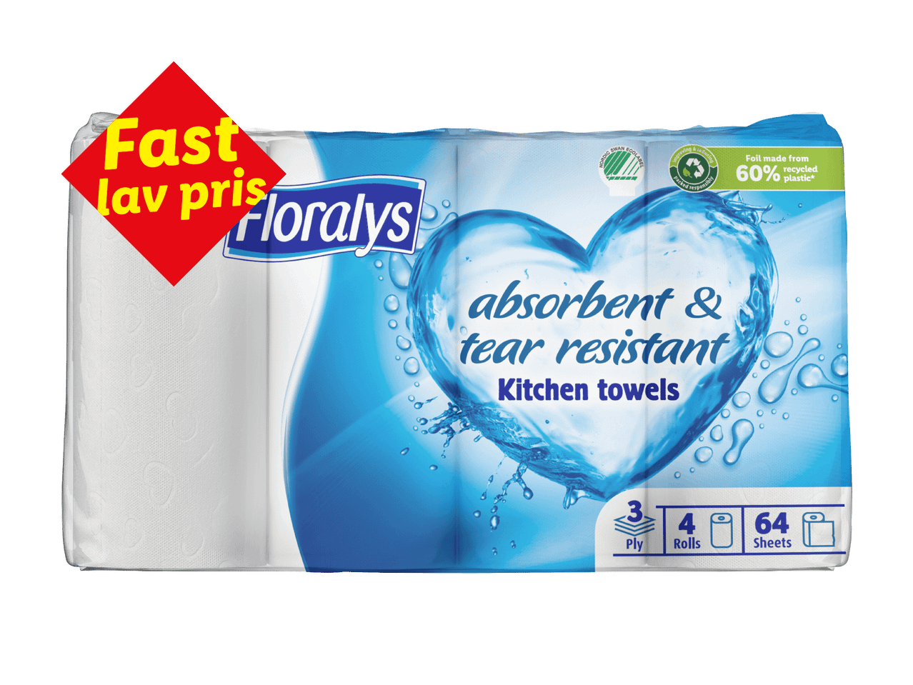 Køkkenruller med teksten 'Fast lav pris', 'absorbent & tear resistant' og 'Kitchen towels'.