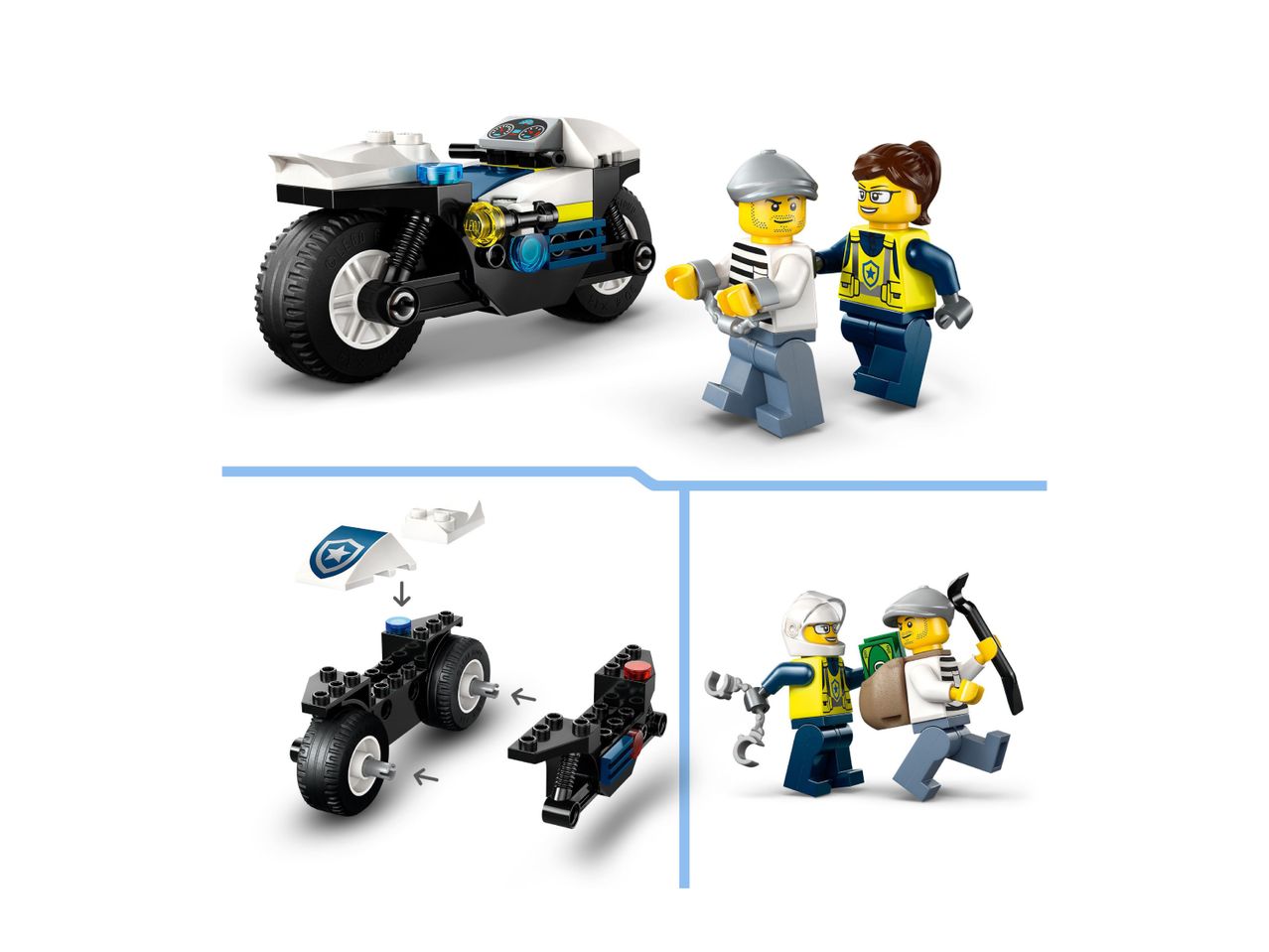 Toy police motorcycle with two minifigures, and two additional minifigures with accessories.