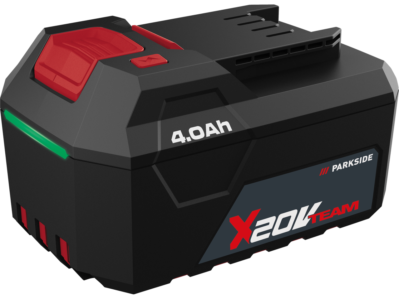 Parkside 4.0Ah X 20V Team akkumulátor fekete színben, piros és zöld részletekkel.