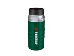 A green and silver Parkside brand thermos bottle.