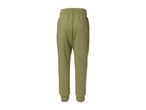 Back view of green sweatpants with an elastic waistband and ribbed cuffs