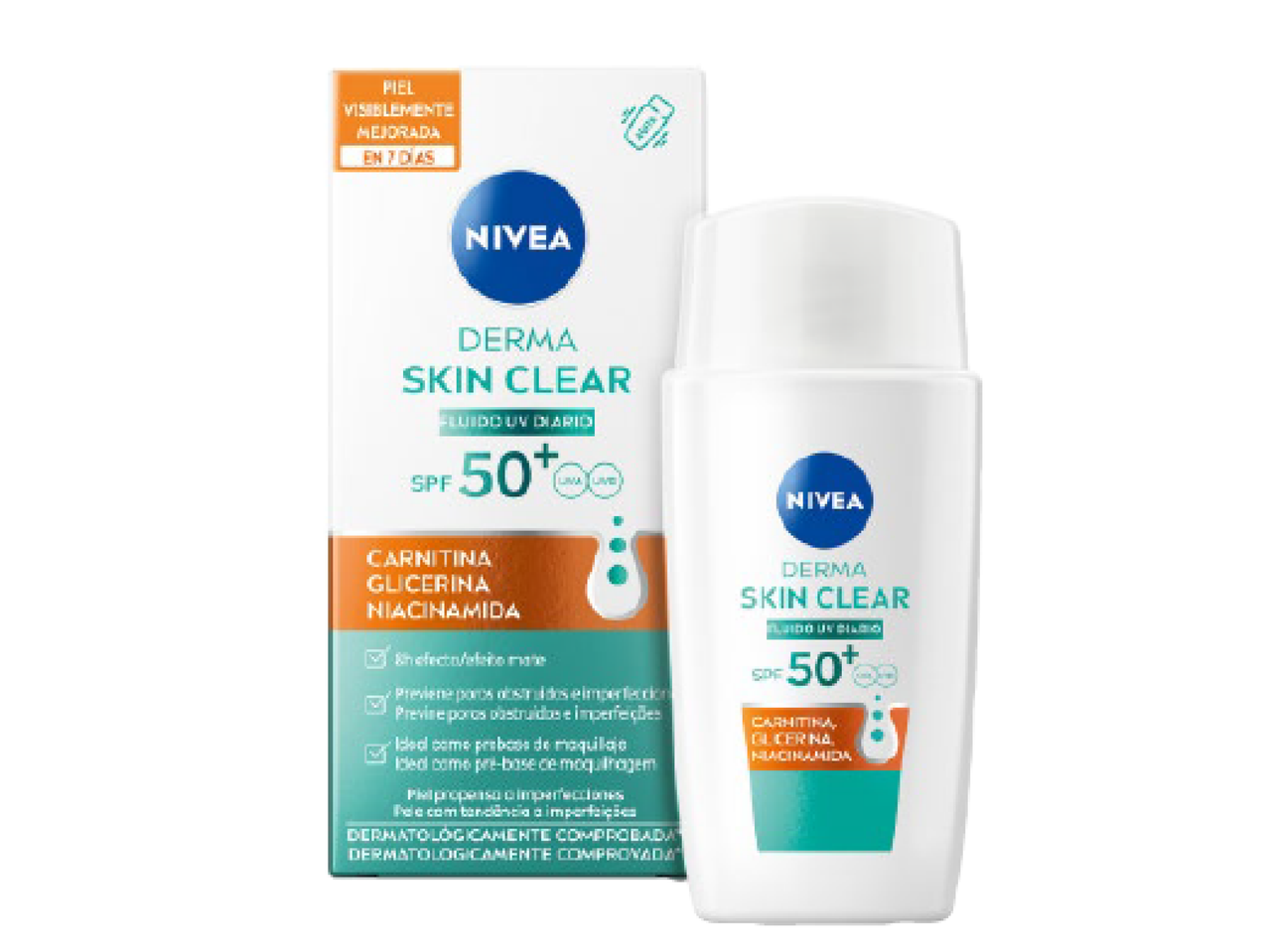 Fluido diário para pele com tendência a imperfeições, com SPF 50+, carnitina, glicerina e niacinamida.