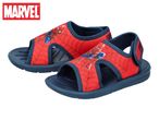 Pair of red and blue children's sandals with a Spider-Man design